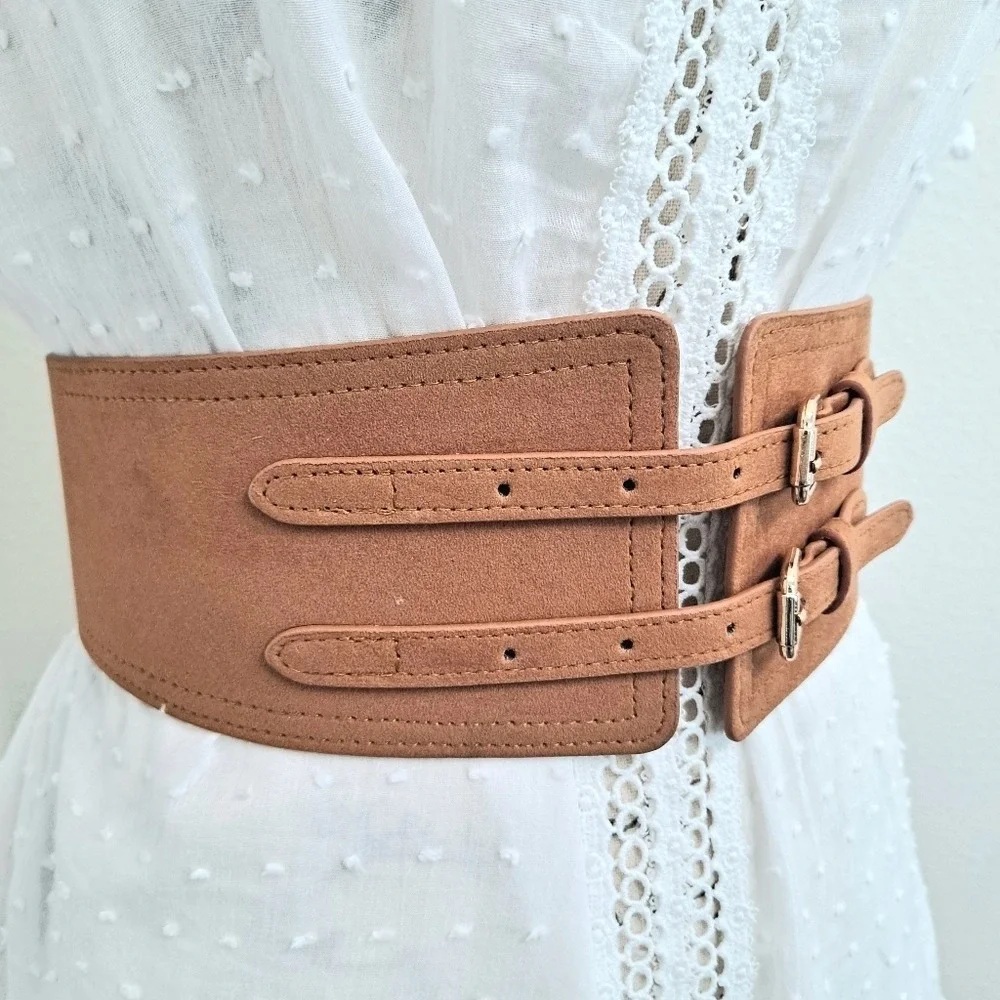 Western Wide faux suede leather waist belt double buckle Boho Brown corset - Picture 9 of 11